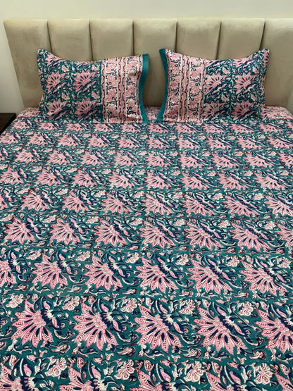 Teal Pink Double Bedsheet with Pillow Covers