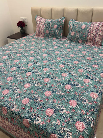 Sea Green Pink Petals Double Bedsheet with Pillow Covers
