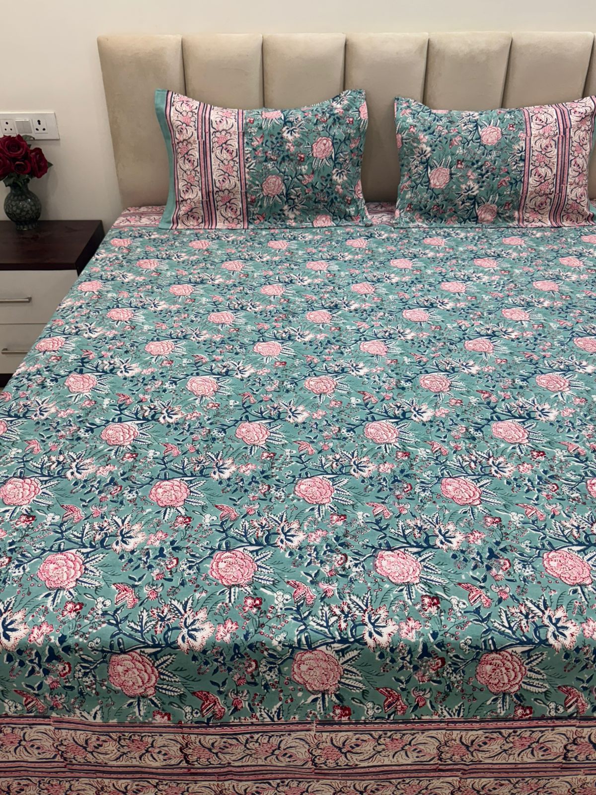 Sea Green Pink Petals Double Bedsheet with Pillow Covers