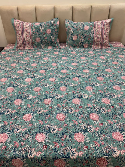 Sea Green Pink Petals Double Bedsheet with Pillow Covers