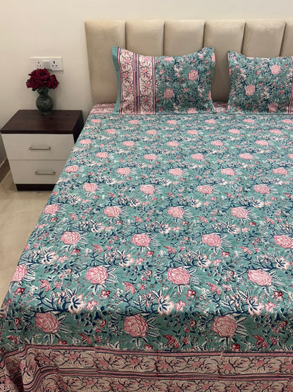 Sea Green Pink Petals Double Bedsheet with Pillow Covers