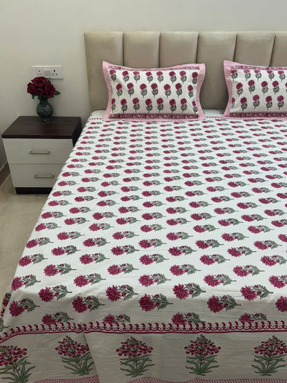 Pink Phool Booti Double Bedsheet with Pillow Covers