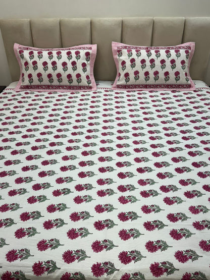 Pink Phool Booti Double Bedsheet with Pillow Covers