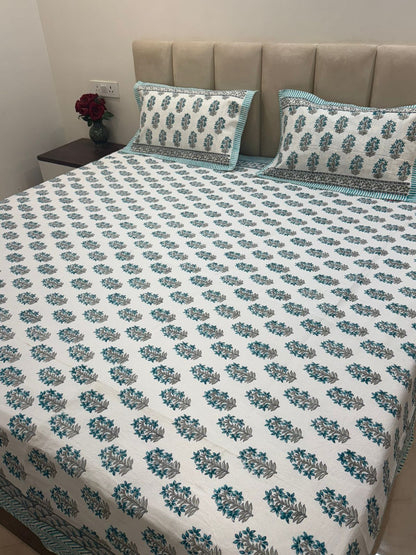 Azure Leaf Booti Double Bedsheet with Pillow Covers