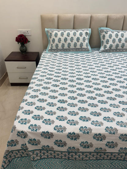 Azure Leaf Booti Double Bedsheet with Pillow Covers