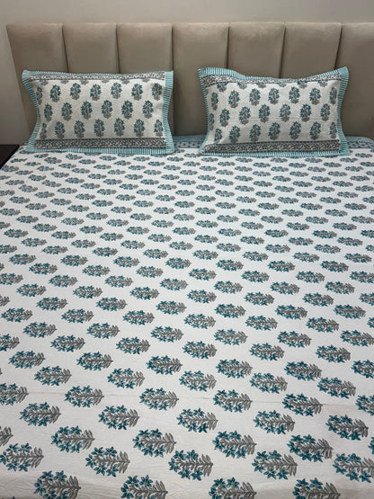 Azure Leaf Booti Double Bedsheet with Pillow Covers