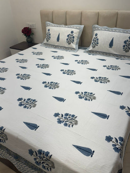 Slate Blue Orchid Double Bedsheet with Pillow Covers
