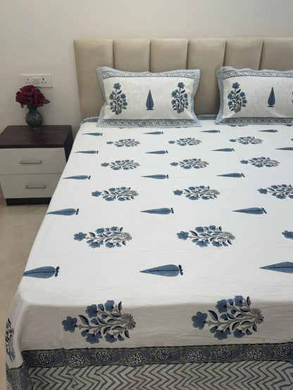 Slate Blue Orchid Double Bedsheet with Pillow Covers