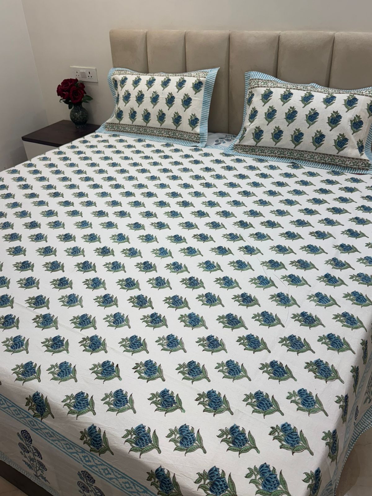 Blue Booti Bud Double Bedsheet with Pillow Covers