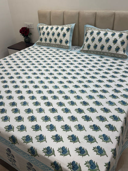 Blue Booti Bud Double Bedsheet with Pillow Covers