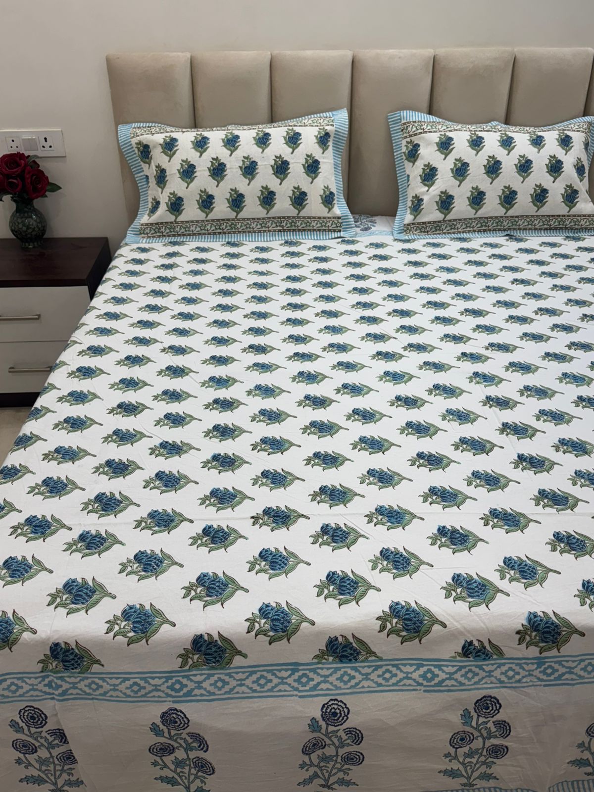 Blue Booti Bud Double Bedsheet with Pillow Covers