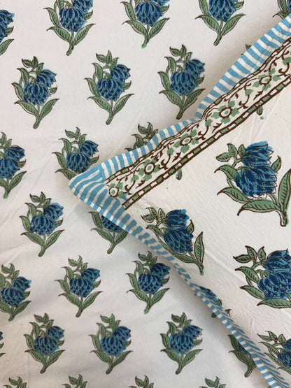 Blue Booti Bud Double Bedsheet with Pillow Covers