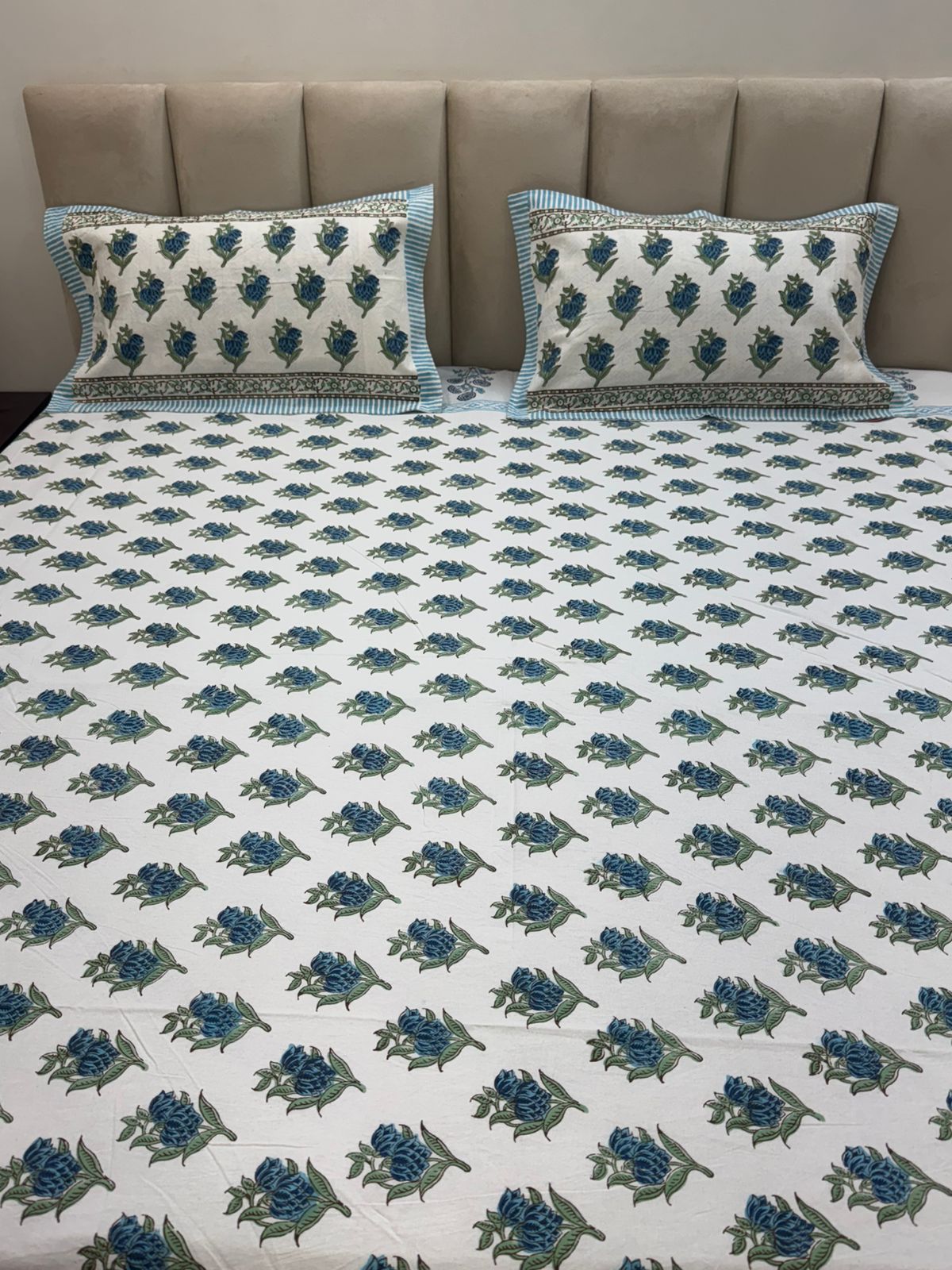 Blue Booti Bud Double Bedsheet with Pillow Covers