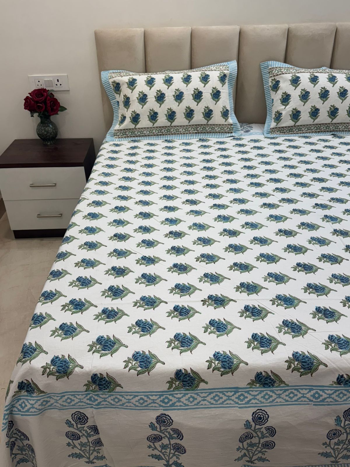 Blue Booti Bud Double Bedsheet with Pillow Covers