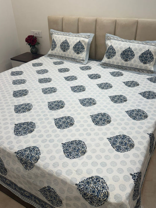 Slate Blue Mughal Boota Double Bedsheet with Pillow Covers