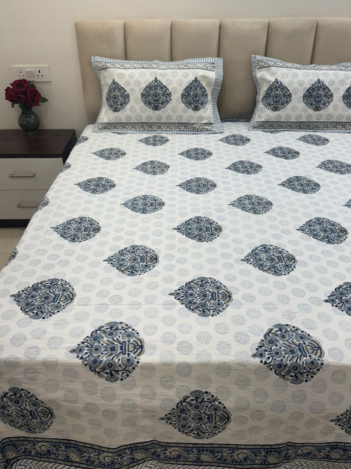 Slate Blue Mughal Boota Double Bedsheet with Pillow Covers