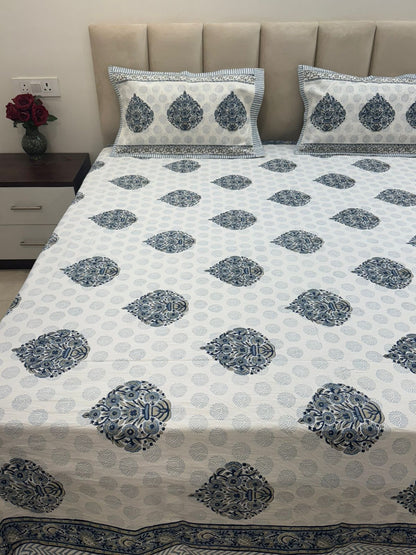Slate Blue Mughal Boota Double Bedsheet with Pillow Covers