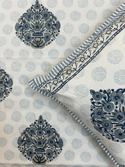 Slate Blue Mughal Boota Double Bedsheet with Pillow Covers