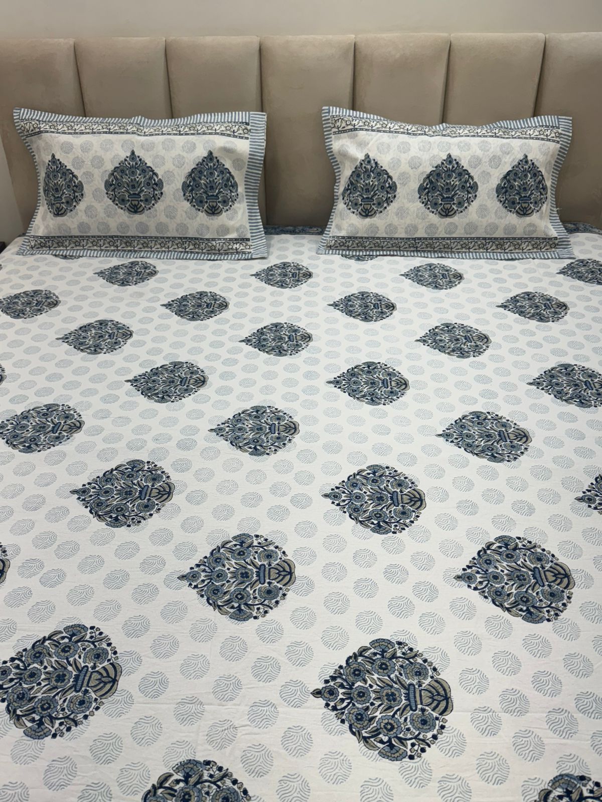 Slate Blue Mughal Boota Double Bedsheet with Pillow Covers