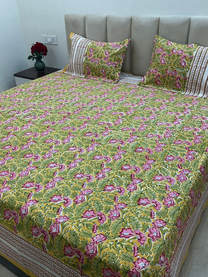 Lime Blush Flora Double Bedsheet with Pillow Covers