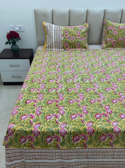 Lime Blush Flora Double Bedsheet with Pillow Covers