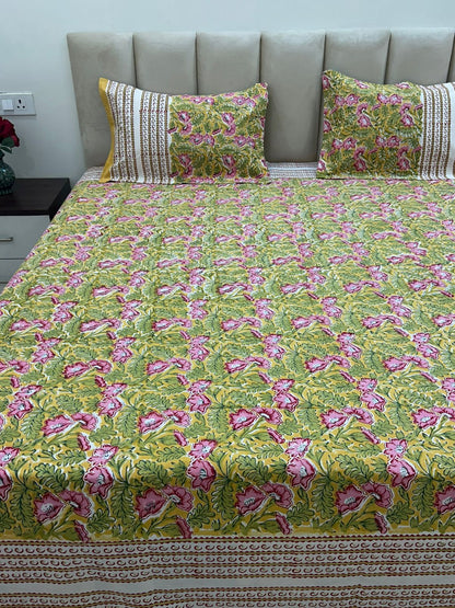 Lime Blush Flora Double Bedsheet with Pillow Covers