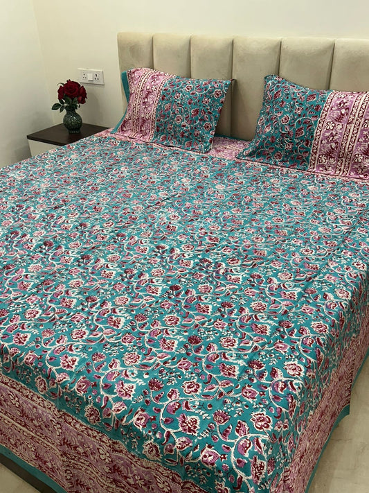 Sea Green Petals Double Bedsheet with Pillow Covers