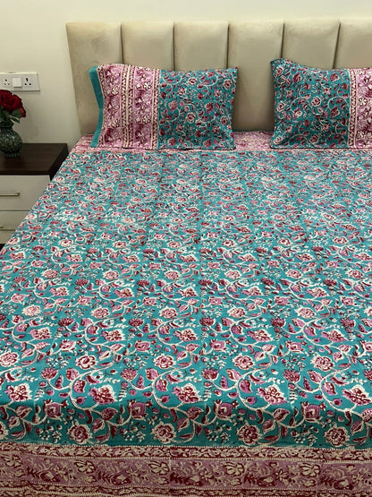 Sea Green Petals Double Bedsheet with Pillow Covers