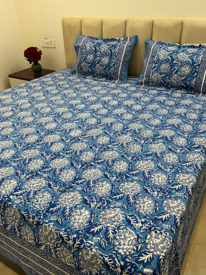 Blue Blossom Double Bedsheet with Pillow Covers