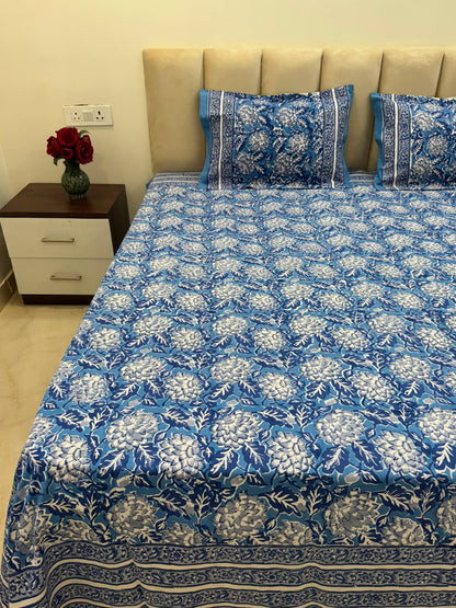 Blue Blossom Double Bedsheet with Pillow Covers
