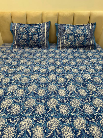 Blue Blossom Double Bedsheet with Pillow Covers