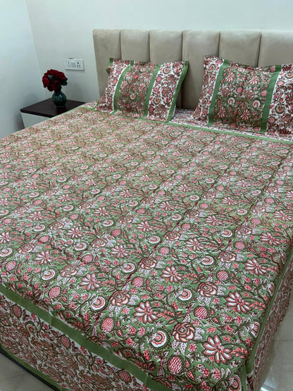 Green Peach Flora Double Bedsheet with Pillow Covers