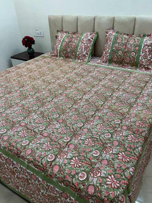 Green Peach Flora Double Bedsheet with Pillow Covers