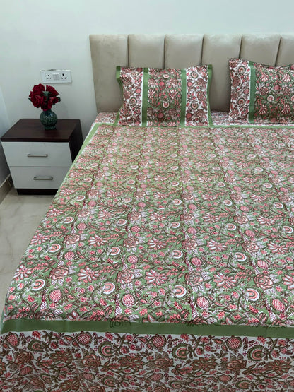 Green Peach Flora Double Bedsheet with Pillow Covers