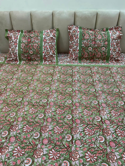 Green Peach Flora Double Bedsheet with Pillow Covers