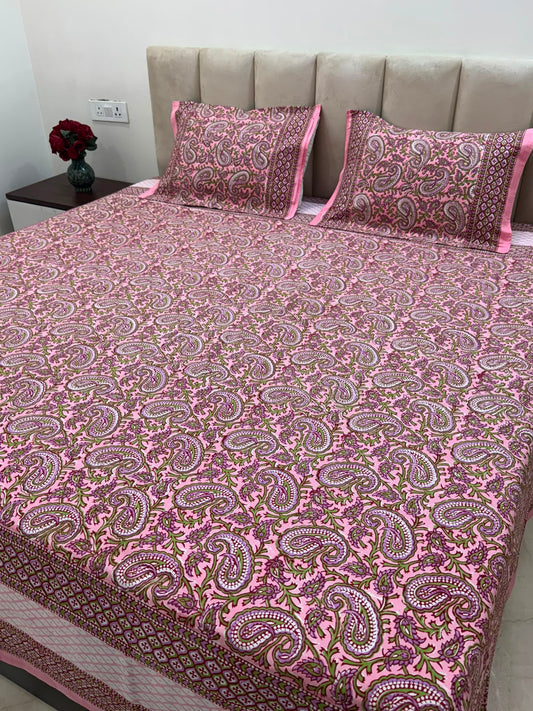 Pink Paisley Double Bedsheet with Pillow Covers