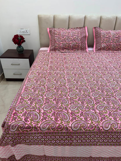 Pink Paisley Double Bedsheet with Pillow Covers