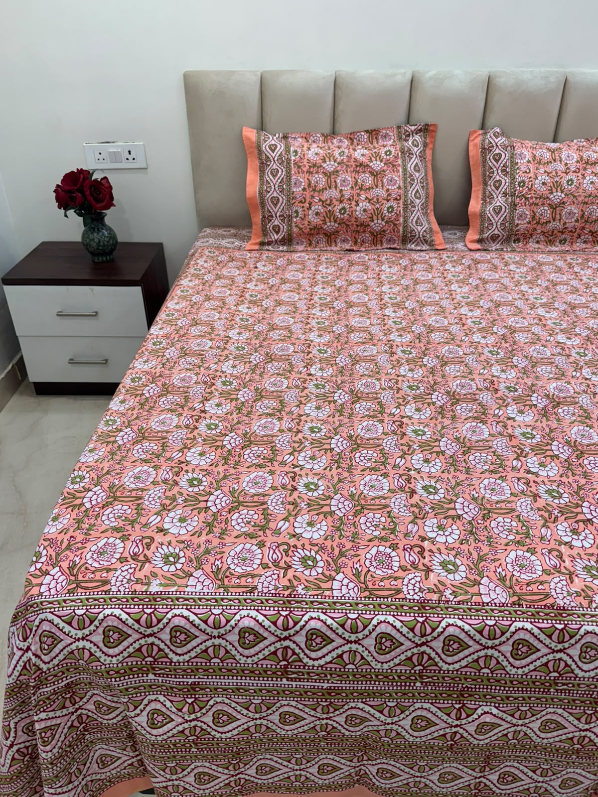 Peach Petals Double Bedsheet with Pillow Covers