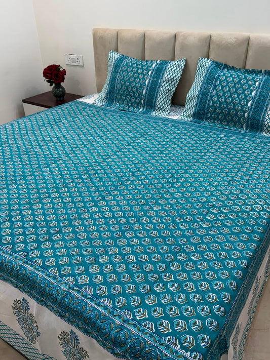 Teal Booti Double Bedsheet with Pillow Covers