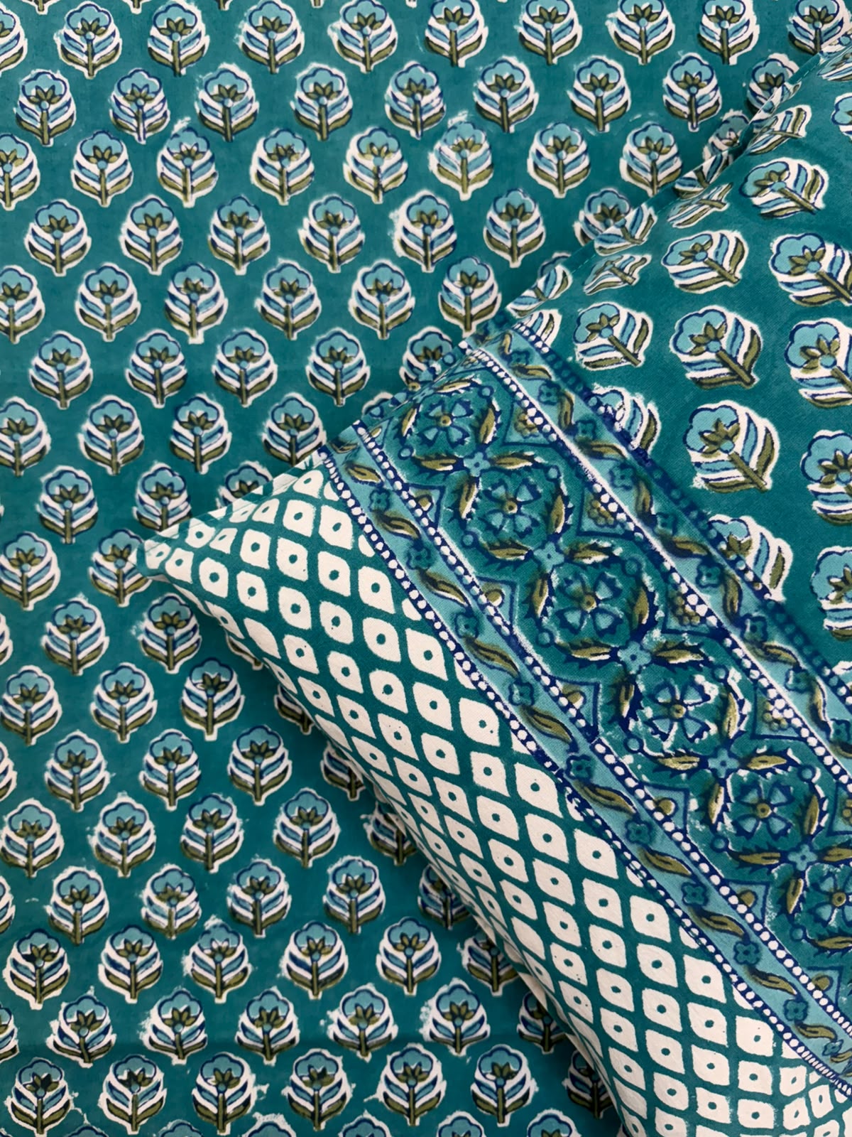 Teal Booti Double Bedsheet with Pillow Covers