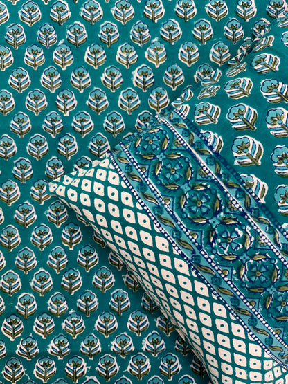 Teal Booti Double Bedsheet with Pillow Covers