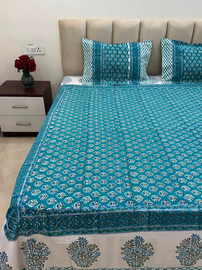 Teal Booti Double Bedsheet with Pillow Covers