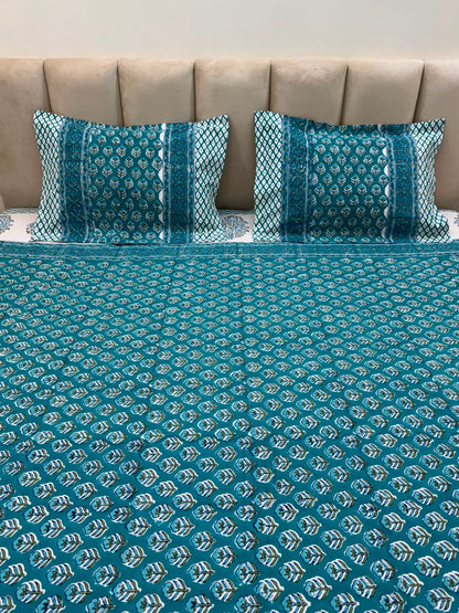 Teal Booti Double Bedsheet with Pillow Covers