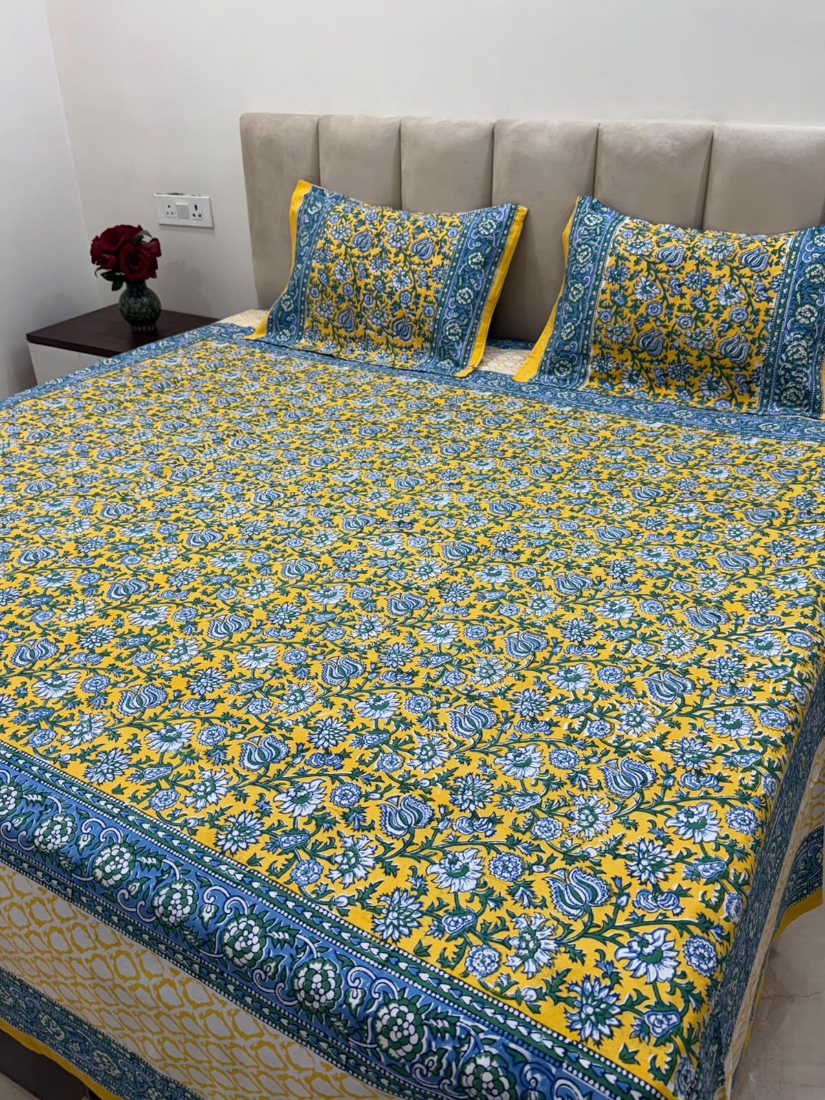 Bright Yellow Ferns Double Bedsheet with Pillow Covers