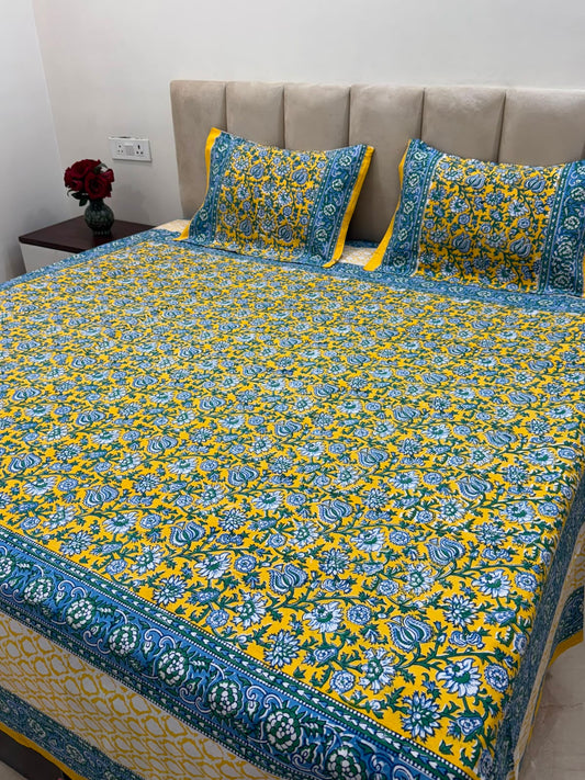 Bright Yellow Ferns Double Bedsheet with Pillow Covers