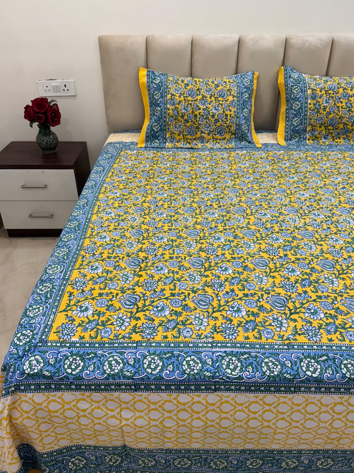 Bright Yellow Ferns Double Bedsheet with Pillow Covers