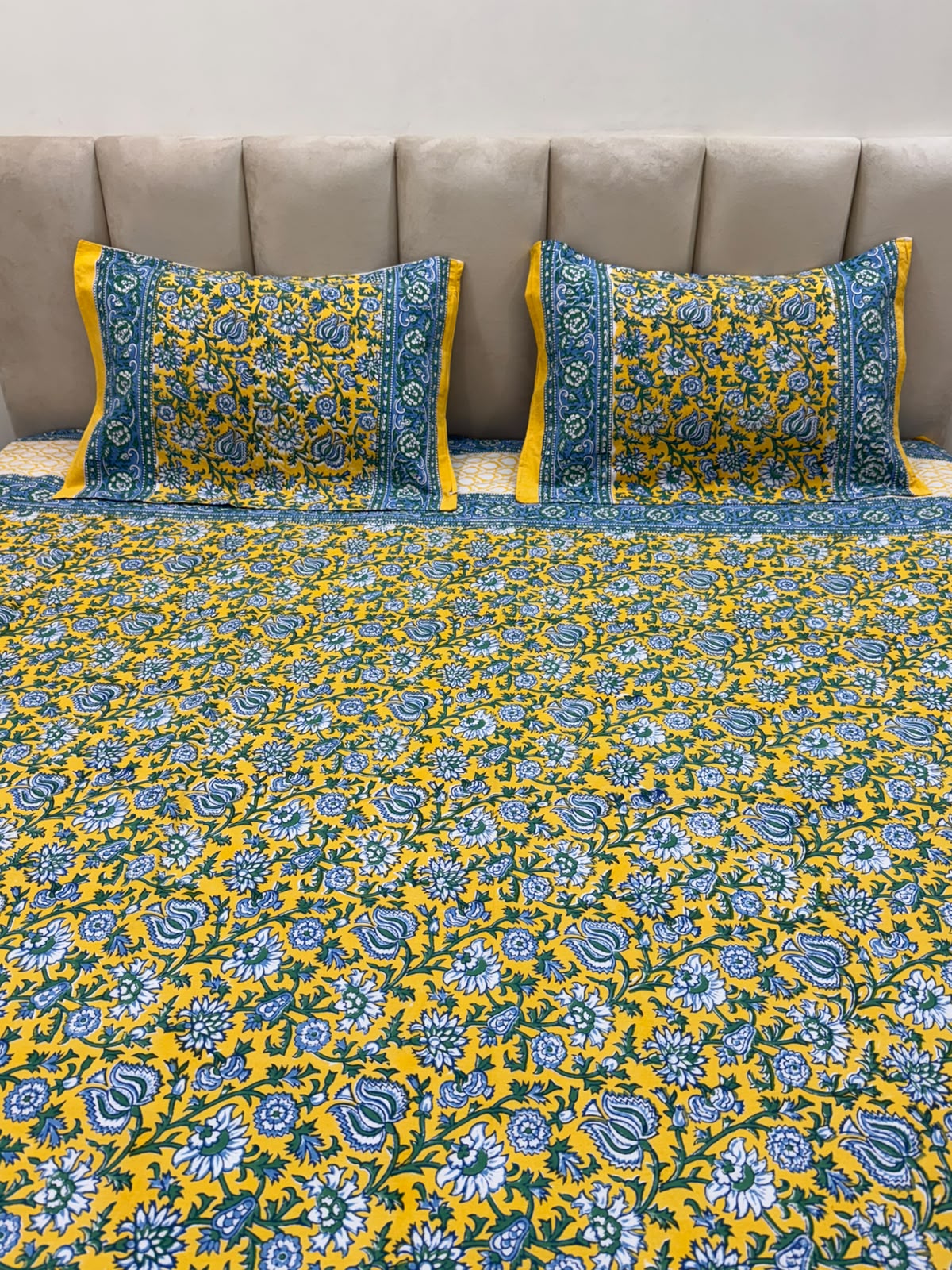 Bright Yellow Ferns Double Bedsheet with Pillow Covers