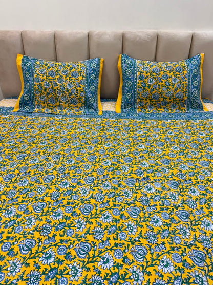 Bright Yellow Ferns Double Bedsheet with Pillow Covers