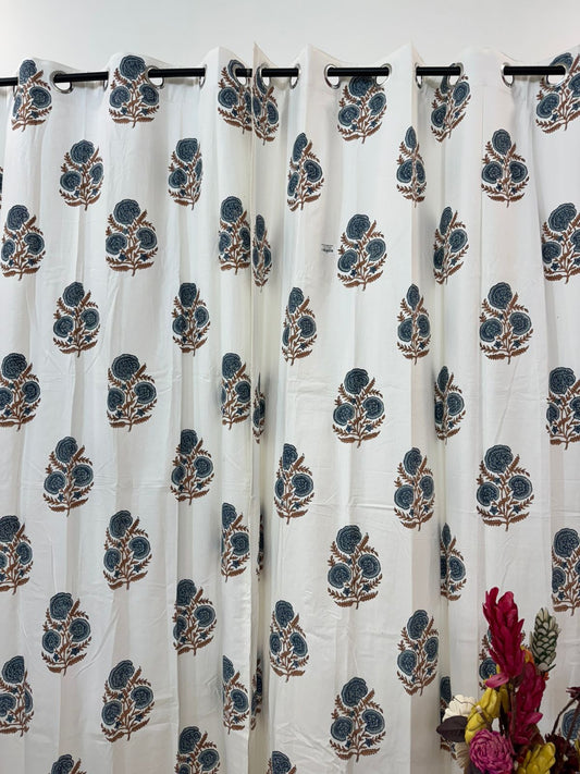 Natural Hue Boota Cotton Curtains 7ft Set(2pcs)