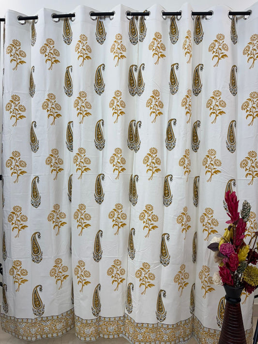 Mustard Boota Paisley Cotton Curtains 7ft Set(2pcs)